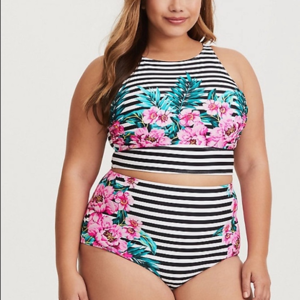 Torrid size 1 high neck floral and stripe swim top